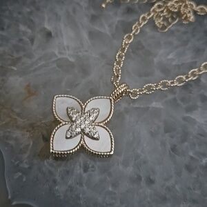 Elegant Gold, CZ, and Mother of Pearl Floral Necklace, NWOT